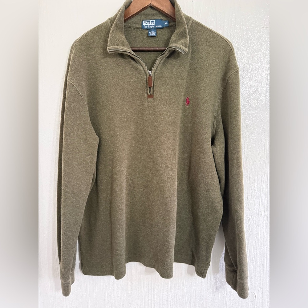 Vintage Polo Ralph Lauren Quarter Zip Pullover Sweater Olive Green Close Knit XL
